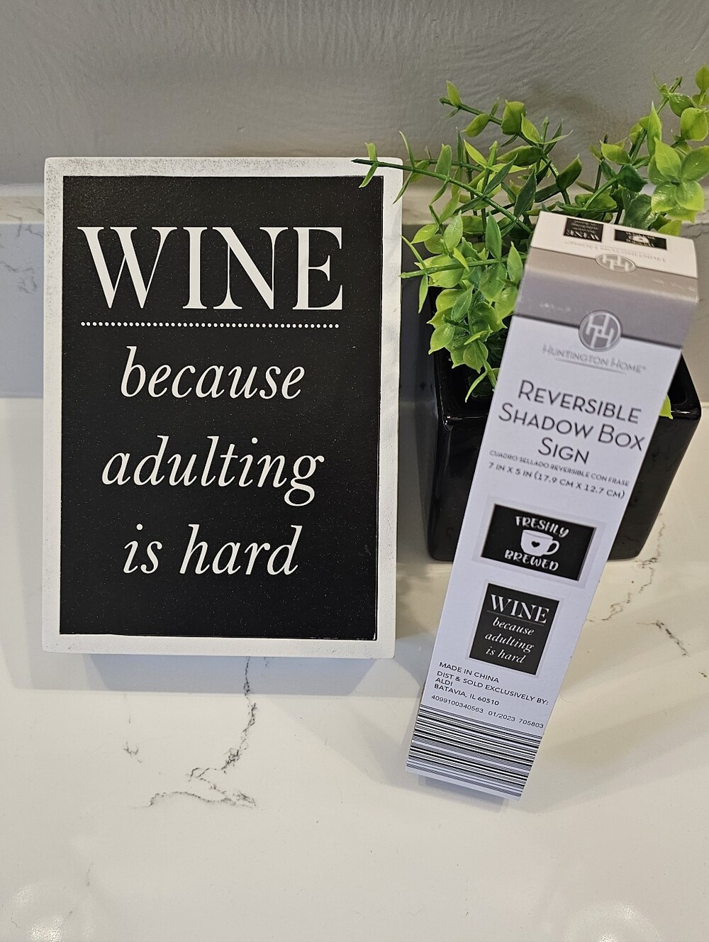 Huntington Home Black and White "WINE because adulting is hard" Shadow Box Sign